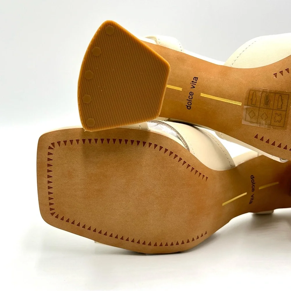 Dolce Vita Womens 7‎ 7M Tiki Cream Leather Square Toe Block Heels Sandals Shoes